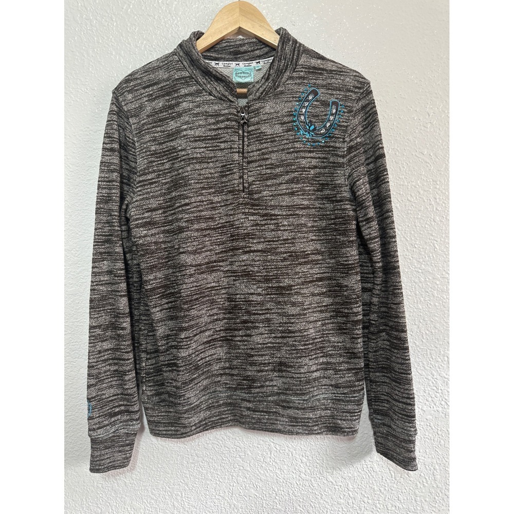Cowgirl Hardware Brown Knit Quarter Zip Pullover with Turquoise Embroidery S